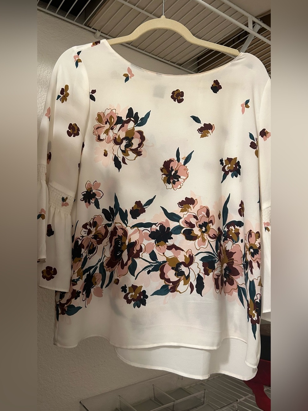 Ann Taylor White Floral Blouse with Pink and Green Accents
